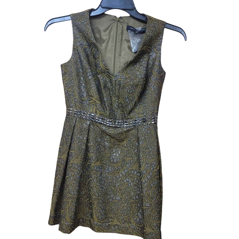 Carmen Marc Valvo Gold Olive Metallic Brocade Crystal Waist Cocktail Dress 4